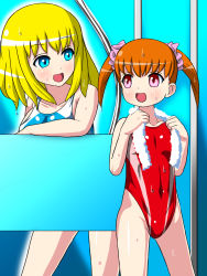 Rule 34 | 2girls, age difference, aimerluna, blonde hair, blue eyes, blue one-piece swimsuit, blush, brown hair, child, competition swimsuit, highres, long hair, multiple girls, one-piece swimsuit, onee-loli, open mouth, original, red eyes, red one-piece swimsuit, swimsuit, wet, yuri