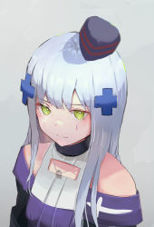 Rule 34 | 1girl, blue hair, blush, closed mouth, from above, girls&#039; frontline, green eyes, hair ornament, hairclip, hat, highres, hk416 (girls&#039; frontline), jewelry, light blue hair, long hair, looking at viewer, necklace, off shoulder, ring, ring necklace, simple background, solo, solokitsune, teardrop, teardrop facial mark, teardrop tattoo, upper body