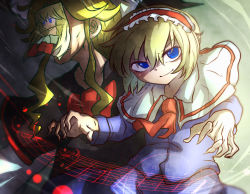 Rule 34 | 1boy, 1girl, absurdres, alice margatroid, black bow, black headwear, blonde hair, blue eyes, blue shirt, blue skirt, bow, bowtie, closed mouth, commentary request, cookie (touhou), cowboy shot, fingernails, frilled hairband, frills, grin, hair between eyes, hairband, hat, hazuna rio, highres, kirisame marisa, long hair, long sleeves, looking at viewer, mask, niwarhythm, red hairband, sharp fingernails, shirt, short hair, skirt, smile, staff (music), taisa (cookie), touhou, witch hat
