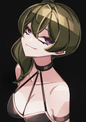 Rule 34 | 1girl, arm strap, black background, black choker, breasts, choker, cleavage, collarbone, commentary, cropped torso, green hair, grin, hair between eyes, head tilt, highres, long hair, looking at viewer, makaroll, medium breasts, purple eyes, side ponytail, simple background, smile, solo, sousou no frieren, ubel (sousou no frieren)