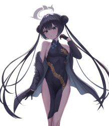 Rule 34 | 1girl, bare shoulders, black dress, black gloves, black hair, black jacket, blue archive, blue eyes, breasts, china dress, chinese clothes, covered navel, doggo34476335, double bun, dragon print, dress, gloves, hair bun, halo, hand up, highres, jacket, kisaki (blue archive), long hair, long sleeves, looking at viewer, medium breasts, no panties, off shoulder, open clothes, open jacket, parted lips, pelvic curtain, print dress, revision, simple background, sleeveless, sleeveless dress, solo, striped clothes, striped jacket, taut clothes, taut dress, thighs, twintails, very long hair, white background