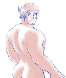 Rule 34 | 1boy, animal ears, ass, back, bara, brown eyes, brown hair, cow boy, cow ears, cow horns, facial hair, fiery horns, forked eyebrows, from behind, glowing horns, goatee, highres, horns, looking at viewer, male focus, muscular, muscular male, nipples, pectorals, shibao, short hair, sidepec, smile, solo, spiked hair, thick eyebrows, tokyo houkago summoners, wakan tanka, white background