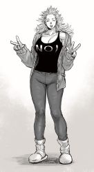 Rule 34 | 1girl, alternate costume, black tank top, boots, casual, closed eyes, clothes writing, dorohedoro, double v, full body, greyscale, highres, long hair, monochrome, muscular, muscular female, name connection, noi (dorohedoro), open mouth, pants, tank top, toned, uei (uei73661268), v, white footwear, white hair