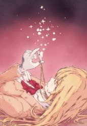 Rule 34 | 1girl, blonde hair, blush, bow, bowtie, breasts, bright pupils, brown jacket, colorized, commentary, from side, gazing eye, gloves, gradient background, grey background, haimura kiyotaka, hand on own chest, hand up, highres, holding, holding whistle, jacket, large breasts, light blush, light brown jacket, lips, long hair, long sleeves, looking away, looking up, lying, on back, orange eyes, pink background, pink lips, red bow, red bowtie, school uniform, shirt, shokuhou misaki, sparkle, sparkling eyes, spoilers, symbol-shaped pupils, t-shirt, toaru majutsu no index, toaru majutsu no index: new testament, tokiwadai school uniform, whistle, white gloves, white shirt, yellow pupils