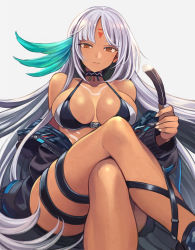 Rule 34 | 1girl, azur lane, baggy clothes, bare shoulders, bikini, bikini top only, bikini under clothes, black jacket, breasts, brown eyes, choker, cleavage, closed mouth, collarbone, commentary, crossed legs, dark-skinned female, dark skin, feathers, grey background, highres, holding, holding feather, jacket, large breasts, light smile, long hair, long sleeves, looking at viewer, massachusetts (azur lane), multicolored hair, native american, navel, off shoulder, open clothes, open jacket, sidelocks, silver hair, simple background, sitting, skindentation, solo, swimsuit, swimsuit under clothes, tan, thigh strap, unzipped, yuko (uc yuk), zipper