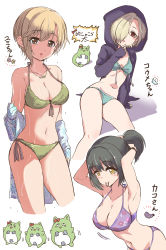 Rule 34 | 3girls, absurdres, aiba yumi, arm support, arm up, asymmetrical hair, bikini, black hair, black jacket, blue bikini, blush, bow, breasts, brown eyes, bunching hair, cleavage, closed mouth, collarbone, commentary request, cropped legs, drawstring, eggplant, fingernails, ghost, green bikini, hair between eyes, hair over one eye, hair tie, hair tie in mouth, halterneck, head tilt, highres, hood, hood up, hooded jacket, idolmaster, idolmaster cinderella girls, jacket, large breasts, light brown hair, long sleeves, medium breasts, mouth hold, multiple girls, o-ring, o-ring bikini, o-ring bottom, o-ring top, open clothes, open jacket, parted lips, pina korata, pizzasi, purple bikini, red bow, seashell, shell, shirasaka koume, side-tie bikini bottom, sidelocks, sleeves past wrists, small breasts, swimsuit, takafuji kako, translation request, tying hair, wet, wet hair, white background