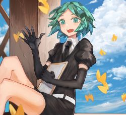 Rule 34 | 1other, androgynous, aruto2498, bad id, bad pixiv id, blue sky, bug, butterfly, clipboard, cloud, day, elbow gloves, gem uniform (houseki no kuni), gloves, green eyes, green hair, houseki no kuni, insect, looking at viewer, open mouth, phosphophyllite, short hair, sky, smile, solo, waving