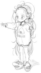 Rule 34 | 1girl, animal slippers, bangs pinned back, blush, bosako (haguhagu), child, closed mouth, clothes writing, female focus, food print, full body, greyscale, haguhagu (rinjuu circus), hairband, highres, horns, long hair, long sleeves, low twintails, messy hair, monochrome, original, outstretched arms, oversized clothes, oversized shirt, print shirt, shirt, shorts, simple background, slippers, solo, spread arms, standing, twintails, very long hair, white background