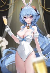 Rule 34 | 1girl, absurdres, ahoge, alcohol, animal ears, bare legs, bare shoulders, bell, blue hair, blurry, blush, bow, bowtie, breasts, covered navel, cup, depth of field, detached sleeves, fake animal ears, frills, ganyu (genshin impact), genshin impact, gloves, goat horns, highres, holding, holding cup, horns, hyoin, large breasts, leotard, long hair, looking at viewer, neck bell, paid reward available, parted lips, purple eyes, rabbit ears, sidelocks, smile, solo, very long hair, white bow, white bowtie, white gloves, white leotard, wine