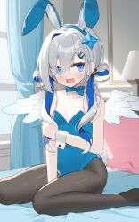 Rule 34 | 1girl, alternate costume, alternate hairstyle, amane kanata, angel, angel wings, animal ear hairband, animal ears, arm between legs, armpit crease, averting eyes, bare shoulders, between legs, black pantyhose, blue bow, blue bowtie, blue eyes, blue hair, blue hairband, blue leotard, blush, bow, bowtie, colored inner hair, commentary request, curtains, detached collar, dot nose, embarrassed, eyes visible through hair, fake animal ears, fake tail, feathered wings, flat chest, grey hair, hair ornament, hair over one eye, hair over shoulder, hair rings, hairband, hairclip, hand between legs, highres, holding own arm, hololive, indoors, lamp, leotard, looking to the side, low twintails, multicolored hair, on bed, open mouth, pantyhose, pink pillow, playboy bunny, purple eyes, rabbit ear hairband, rabbit ears, rabbit tail, sidelighting, sideways glance, single hair intake, sitting, solo, star (symbol), star hair ornament, strapless, strapless leotard, sunlight, swept bangs, tail, thighs, twintails, two-tone eyes, two-tone hair, virtual youtuber, wariza, white wings, window, wings, wrist cuffs, yoru no yayoi