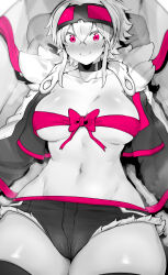 Rule 34 | 1girl, absurdres, blush, bow, breasts, choker, commentary, goggles, goggles on head, highres, jacket, large breasts, looking at viewer, midriff, navel, niwamaru (niwarhythm), niwarhythm, open clothes, open jacket, open mouth, original, red eyes, shiny skin, short shorts, shorts, smile, solo