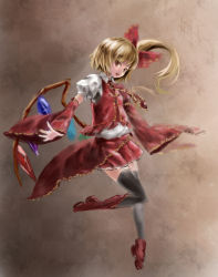 Rule 34 | 1girl, black thighhighs, blonde hair, boots, bow, checkered background, detached sleeves, dress, embodiment of scarlet devil, fang, female focus, flandre scarlet, hair bow, necktie, no headwear, no headwear, oekaki tanoshisu, open mouth, outstretched arms, red dress, red eyes, side ponytail, skirt, skirt set, smile, solo, standing, standing on one leg, thighhighs, touhou, wings, zettai ryouiki