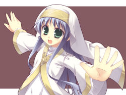 Rule 34 | 00s, 1girl, :d, blush, index (toaru majutsu no index), letterboxed, long sleeves, looking at viewer, moriguchi yuu, nun, open mouth, outstretched arms, red background, robe, safety pin, sidelocks, simple background, smile, solo, tareme, toaru majutsu no index, upper body, veil