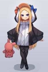 Rule 34 | 1girl, abigail williams (fate), animal hood, armor, bare shoulders, black jacket, blonde hair, blue bow, blue eyes, blush, bow, breasts, choker, collarbone, cosplay, fate/grand order, fate (series), forehead, full body, greaves, highres, hood, hood up, jacket, licking lips, long hair, long sleeves, looking at viewer, meltryllis, meltryllis (fate), meltryllis (swimsuit lancer) (fate), meltryllis (swimsuit lancer) (fate) (cosplay), meltryllis (swimsuit lancer) (first ascension) (fate), miya (miyaruta), parted bangs, penguin hood, prosthesis, prosthetic leg, sleeves past fingers, sleeves past wrists, small breasts, smile, stuffed animal, stuffed toy, teddy bear, tongue, tongue out