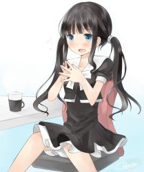 Rule 34 | 1girl, bad id, bad pixiv id, black hair, blue eyes, blush, cup, dress, highres, long hair, open mouth, original, own hands together, retorillo, signa (retorillo), sitting, solo, sweat, twintails