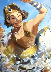 Rule 34 | 1boy, ^ ^, absurdres, afro, blue sky, brown hair, brown overalls, closed eyes, day, fish, fishing line, fishing rod, goggles, goggles on headwear, hands up, happy, hat, highres, holding, holding fishing rod, laughing, long nose, male focus, one piece, outdoors, overalls, sky, solo, usopp, water, water drop, yoshiyoshiwa