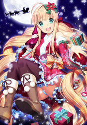 Rule 34 | 1girl, ahoge, bad id, bad pixiv id, blonde hair, blunt bangs, boots, box, christmas, female focus, flower, frilled thighhighs, frills, happy, holiday, jenevan, long hair, moon, night, panties, pantyshot, pom pom (clothes), ribbon, snow, solo focus, thighhighs, underwear, very long hair