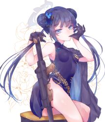 Rule 34 | 1girl, bare shoulders, biting, black dress, black gloves, black hair, blue archive, breasts, butterfly hair ornament, chair, china dress, chinese clothes, commentary request, double bun, dragon print, dress, glove biting, gloves, grey jacket, gun, hair bun, hair ornament, halo, head tilt, highres, holding, holding gun, holding weapon, jacket, kisaki (blue archive), long hair, long sleeves, looking at viewer, mouth hold, off shoulder, partial commentary, pinstripe jacket, pinstripe pattern, print dress, shichijou natori, sitting, sleeveless, sleeveless dress, small breasts, solo, striped, teeth, teeth hold, very long hair, weapon, white background