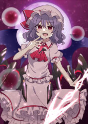 1girl absurdres ascot bat_wings commentary commission danmaku hat highres long_hair looking_at_viewer mob_cap open_mouth pink_hat pixiv_commission puffy_short_sleeves puffy_sleeves red_ascot red_eyes remilia_scarlet science_fiction short_sleeves smile solo spear_the_gungnir subaru_(subachoco) touhou valkyrie_of_phantasm wings