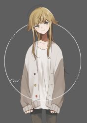 Rule 34 | 1girl, absurdres, ahoge, androgynous, blonde hair, brown hair, buttons, cardigan, circle, closed mouth, collarbone, cowboy shot, green eyes, grey background, hair flaps, head tilt, highres, jacket, long hair, long sleeves, looking at viewer, maco22, open clothes, original, pants, shirt, signature, simple background, sleeves past wrists, smile, solo, standing, white shirt