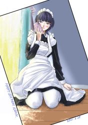 Rule 34 | 1girl, apron, artist name, artist request, asaka karin, blue eyes, blue hair, blush, breasts, cellphone, dark blue hair, dress, female focus, frilled apron, frilled dress, frilled shirt collar, frills, half-closed eyes, highres, holding, holding cellphone, holding phone, indoors, long sleeves, looking at viewer, love live!, love live! nijigasaki high school idol club, maid, maid apron, maid cap, maid day, maid headdress, medium breasts, medium hair, parted lips, phone, puffy long sleeves, puffy sleeves, short hair, smile, solo, white apron, white legwear, wing collar
