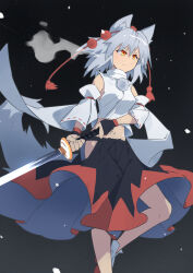 Rule 34 | 1girl, absurdres, animal ears, black background, black skirt, closed mouth, detached sleeves, grey hair, hat, highres, holding, holding sword, holding weapon, inubashiri momiji, kakaricho dairi, leaf, maple leaf, navel, red eyes, red hat, red skirt, ribbon-trimmed sleeves, ribbon trim, short hair, skirt, solo, sword, tokin hat, touhou, two-tone skirt, weapon, white hair, wide sleeves, wolf ears, wolf girl