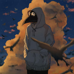Rule 34 | 1other, ambiguous gender, bird, blue sky, blurry, blurry foreground, cloud, collarbone, commentary, covered face, cowboy shot, dusk, hands in pockets, highres, hood, hood up, hoodie, ikura donburi (mmom x), original, plague doctor mask, sky, solo, star (sky), starry sky, white hoodie