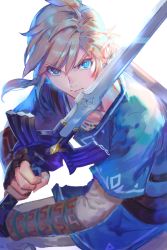 Rule 34 | &gt;:), 1boy, azu-taro, black gloves, blonde hair, blue eyes, closed mouth, earrings, fighting stance, fingerless gloves, food, gloves, holding, holding food, holding sword, holding weapon, jewelry, layered sleeves, link, long hair, looking at viewer, low ponytail, male focus, master spark, nintendo, pants, pointy ears, serious, simple background, solo, standing, sword, the legend of zelda, the legend of zelda: breath of the wild, thick eyebrows, tunic, two-handed, v-shaped eyebrows, weapon, white background, white pants