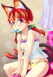 Rule 34 | 1girl, alternate hairstyle, animal ears, bad id, bad pixiv id, blush, breasts, cat ears, cat tail, collarbone, covered erect nipples, extra ears, fang, food, kaenbyou rin, konata gazel, long hair, looking at viewer, mouth hold, nanatsuhane, panties, pointy ears, popsicle, red eyes, red hair, sitting, small breasts, solo, sweat, tail, touhou, underwear, underwear only, yellow panties