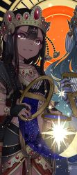 Rule 34 | 1girl, bad id, bad twitter id, black gloves, black hair, bridal gauntlets, brown eyes, chain, choker, closed mouth, commentary request, crown, dark skin, gloves, gold chain, hair between eyes, highres, holding, jewelry, lantern, looking at viewer, necklace, original, out of frame, samei ikusa, smile, solo focus, star (symbol)