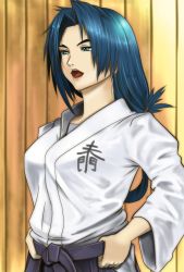 Rule 34 | 10s, 1girl, blue eyes, blue hair, breasts, dojo, female focus, future card buddyfight, japanese clothes, large breasts, lipstick, makeup, matching hair/eyes, migao, mikado suzumi, mature female, solo
