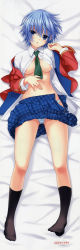 Rule 34 | 10s, 1girl, 2010, absurdres, bed, bed sheet, between breasts, black socks, blue eyes, blue hair, blue shirt, blue skirt, blush, breasts, buttons, clapworks, cleavage, clothes lift, copyright name, dakimakura (medium), dress shirt, feet, female focus, fingernails, full body, hair between eyes, hand on own stomach, head tilt, highres, igami yukari, kisaragi mizu, kneehighs, knees, legs, long image, long sleeves, looking at viewer, lying, matching hair/eyes, medium breasts, morobito kozorite ~joy to the world! the lord is come~, necktie, no bra, no shoes, off shoulder, on back, open clothes, open mouth, open shirt, open skirt, panties, pantyshot, plaid, plaid skirt, pleated skirt, red shirt, scan, school uniform, shiny skin, shirt, short hair, skirt, skirt lift, socks, solo, tall image, text focus, thighs, toes, unbuttoned, underboob, underwear, uniform, unzipped, wavy hair, white panties, white shirt, white socks, zipper