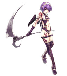 Rule 34 | 1girl, bat wings, blazing souls, boots, demon girl, flat chest, full body, hairband, hirano katsuyuki, leotard, midriff, navel, official art, ponytail, purple eyes, purple footwear, purple hair, purple thighhighs, revealing clothes, scythe, short hair, smile, solo, spectral (series), thigh boots, thighhighs, white background, wings, zelena, zelena (blazing souls)