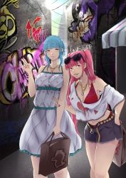 Rule 34 | 2girls, alternate costume, belt, blue hair, braid, breasts, brown eyes, cleavage, closed mouth, crown braid, dress, eyewear on head, fire emblem, fire emblem: three houses, graffiti, highres, hilda valentine goneril, holding, jewelry, long hair, marianne von edmund, multiple girls, nail polish, necklace, nintendo, open mouth, pink eyes, pink hair, sunglasses, sunglasses on head, twintails, vialnite, wall