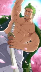 Rule 34 | 1boy, abs, absurdres, alternate costume, bad id, bad twitter id, bara, from below, green eyes, green hair, highres, japanese clothes, katana, kimono, kuroshinki, large pectorals, male focus, manly, muscular, navel, nipples, one piece, open clothes, open kimono, paid reward available, pectorals, roronoa zoro, scar, short hair, solo, sword, topless male, upper body, veins, weapon