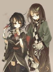 Rule 34 | 2girls, animal, bad id, bad twitter id, black hair, bow, brown eyes, brown hair, checkered clothes, checkered scarf, dress, futatsuiwa mamizou, futatsuiwa mamizou (human), glasses, hands in pockets, hisona (suaritesumi), houjuu nue, leaf, leaf on head, long hair, long sleeves, looking at another, multiple girls, obi, one eye closed, open mouth, pants, pom pom (clothes), red eyes, sash, scarf, short hair, simple background, smile, snake, thighhighs, touhou, vest, wide sleeves, wings, wrist cuffs, zettai ryouiki