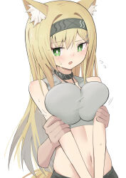 Rule 34 | 1girl, absurdres, animal ears, arknights, arm grab, black choker, black hairband, blonde hair, blush, bra, breasts, breasts squeezed together, choker, commentary, cowboy shot, crop top, disembodied limb, green eyes, grey bra, hair intakes, hairband, highres, horn (arknights), jewelry, large breasts, long hair, looking at viewer, navel, necklace, open mouth, simple background, solo focus, sports bra, standing, stomach, straight hair, sweatdrop, tail, underwear, white background, wolf ears, wolf girl, wolf tail, yuuko (oruta)