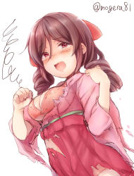 Rule 34 | 1girl, bow, bra, breasts, brown hair, cowboy shot, drill hair, embarrassed, hair between eyes, hair bow, hakama, hakama skirt, harukaze (kancolle), japanese clothes, kantai collection, kimono, lips, long hair, looking at viewer, medium breasts, meiji schoolgirl uniform, mogera81, no panties, open mouth, pink bra, pink hakama, pink kimono, red bow, red eyes, simple background, skirt, solo, tears, tongue, torn clothes, twin drills, underwear, white background