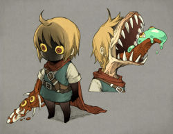 1boy belt blonde_hair cape commentary extra_eyes fangs fantasy maniani monster original shaded_face short_hair simple_background slime_(creature) sword weapon