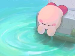 Rule 34 | closed eyes, colored skin, commentary request, highres, kirby, kirby (series), lying, moss, nintendo, no humans, pink skin, ripples, shoyu nimono, solo, water
