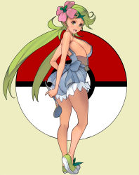 Rule 34 | 1girl, ass, bare arms, bare shoulders, breasts, cameltoe, creatures (company), dark-skinned female, dark skin, flower, full body, game freak, green background, green eyes, green hair, hair flower, hair ornament, highres, kouno (masao), ladle, large breasts, legs, long hair, looking at viewer, mallow (pokemon), matching hair/eyes, naked overalls, nintendo, no bra, no shirt, open mouth, overalls, poke ball symbol, pokemon, pokemon sm, shoes, sideboob, simple background, sneakers, solo, teeth, thighs, tongue, twintails, upper teeth only