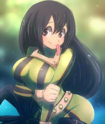 Rule 34 | 1girl, artist name, asui tsuyu, blush, bodysuit, boku no hero academia, breasts, gloves, green bodysuit, green hair, hair between eyes, large breasts, long hair, looking at viewer, omiza somi, smile, solo, tongue, tongue out, very long hair, white gloves