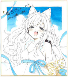 Rule 34 | 1girl, animal ears, bare shoulders, blue ribbon, blue sky, blush, breasts, commentary request, dress, fangs, fox ears, highres, kise itsuki, long hair, looking at viewer, open mouth, original, photo (medium), ribbon, shikishi, sky, small breasts, smile, solo, spot color, sundress, teeth, traditional media, waist ribbon