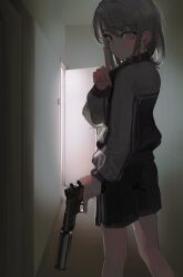 Rule 34 | 1girl, :/, absurdres, black jacket, black shorts, check weapon, closed mouth, feet out of frame, from behind, grey hair, gun, hair between eyes, hand up, handgun, highres, holding, holding gun, holding weapon, index finger raised, indoors, jacket, light blush, long sleeves, looking at viewer, looking back, m1911, medium hair, open door, original, pink eyes, polilla, shorts, slit pupils, solo, standing, suppressor, tile floor, tiles, track jacket, trigger discipline, weapon