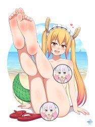 Rule 34 | 1girl, barefoot, blonde hair, blush, censored, censored nipples, dragon girl, dragon horns, dragon tail, feet, foot focus, highres, horns, kanna kamui, kobayashi-san chi no maidragon, legs up, long hair, looking at viewer, lululewd, maid headdress, nude, ocean, open mouth, sand, sandals, sky, soles, solo, tail, toes, tohru (maidragon), twintails
