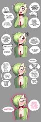 Rule 34 | 1girl, 4koma, absurdres, aura, blush, collarbone, colored skin, comic, creatures (company), english text, female focus, flat chest, game freak, gardevoir, gen 3 pokemon, glowing, glowing eyes, green hair, grey background, grin, hair over one eye, half-closed eyes, highres, looking at viewer, looking to the side, naughty face, nintendo, pokemon, red eyes, saltyxodium, simple background, sitting, smile, solo, speech bubble, surprised, white skin