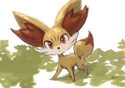 animal_ear_fluff animal_focus artist_name creatures_(company) dappled_sunlight fennekin full_body game_freak gen_6_pokemon grass head_tilt highres ikei looking_at_viewer nintendo no_humans open_mouth outdoors pokemon pokemon_(creature) red_eyes signature sketch solo standing sunlight