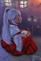 Rule 34 | 1girl, absurdres, artist name, bad id, bad twitter id, bbc-chan, collaboration, commission, dark-skinned female, dark skin, drawing, fingernails, full body, hakama, highres, holding, holding pencil, japanese clothes, kanami yano (uzumesguard), lamppost, lips, long hair, looking at viewer, looking back, miko, nail polish, night, original, outdoors, pencil, ponytail, red eyes, red hakama, red nails, second-party source, sitting, solo, somedudedrawing, stairs, tan, turning head, white hair, wide sleeves