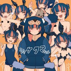 Rule 34 | 1girl, :d, adjusting clothes, adjusting swimsuit, animal ears, animal hands, animal hood, arched back, arm support, arms up, ass, ass cutout, bare shoulders, black leotard, black nails, black thighhighs, blue hair, blue jacket, closed mouth, clothing cutout, collarbone, commentary request, completely nude, convenient censoring, covered navel, cross pasties, crotch cutout, detached collar, double bun, ear chain, ear piercing, fang, fishnet top, fishnets, flat chest, gloves, gluteal fold, hair bun, hand up, hands in pockets, heart, heart cutout, highres, hood, jacket, large buttons, leotard, looking at viewer, medium hair, middle finger, multicolored hair, multiple views, naked jacket, navel piercing, nude, open clothes, open jacket, open mouth, orange background, orange eyes, orange hair, original, oversized breast cup, pasties, pasties under clothes, paw gloves, piercing, playboy bunny, post (shake shakepost), safety pin, school swimsuit, sharp teeth, short hair, short twintails, single bare shoulder, smile, solo, spike piercing, spoken heart, stomach cutout, strapless, strapless leotard, sweat, swimsuit, teeth, thighhighs, tongue, tongue out, tongue piercing, twintails, two-tone hair, upper body, v, wrist cuffs