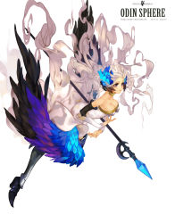 Rule 34 | 1girl, :o, armor, armored dress, bare shoulders, copyright name, crown, dress, fantchi, floating hair, gwendolyn (odin sphere), hair down, hair ornament, highres, leg armor, long hair, low wings, multicolored wings, odin sphere, polearm, purple eyes, simple background, solo, spear, strapless, strapless dress, thighhighs, very long hair, weapon, white background, white hair, wings